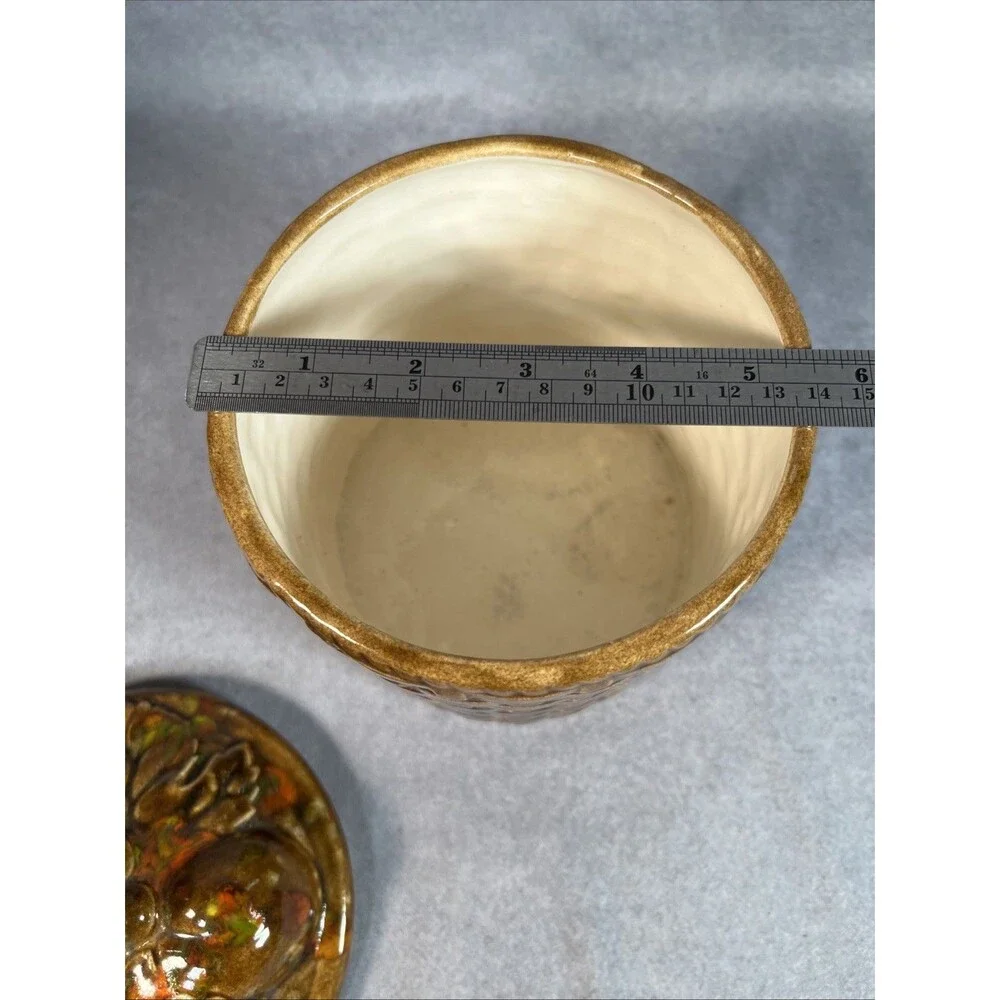 Basket Weave Flowers Grapes Peach Pear Fruit on Lid Ceramic Canister Dated 1974